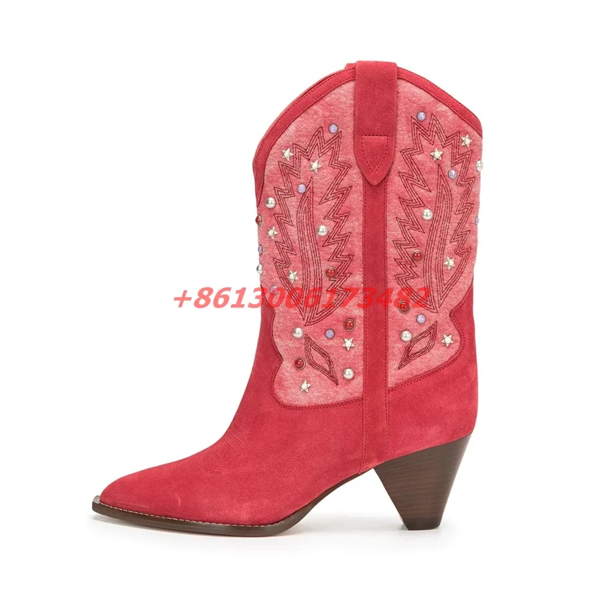 Женские ковбойские ботильоны ботинки в стиле ретро с вышивкой заклепками острым