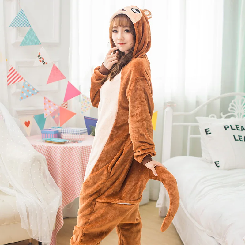 2019 Winter Women Kigurumi Onesie Monkey Pajamas Sets Cute Flannel Animal Pajama Nightie Warm Hooded Sleepwear Costume