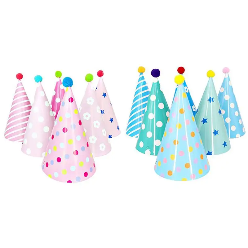 12 шт Вечерние бумажные шапки с помпонами для украшения детской вечеринки на день