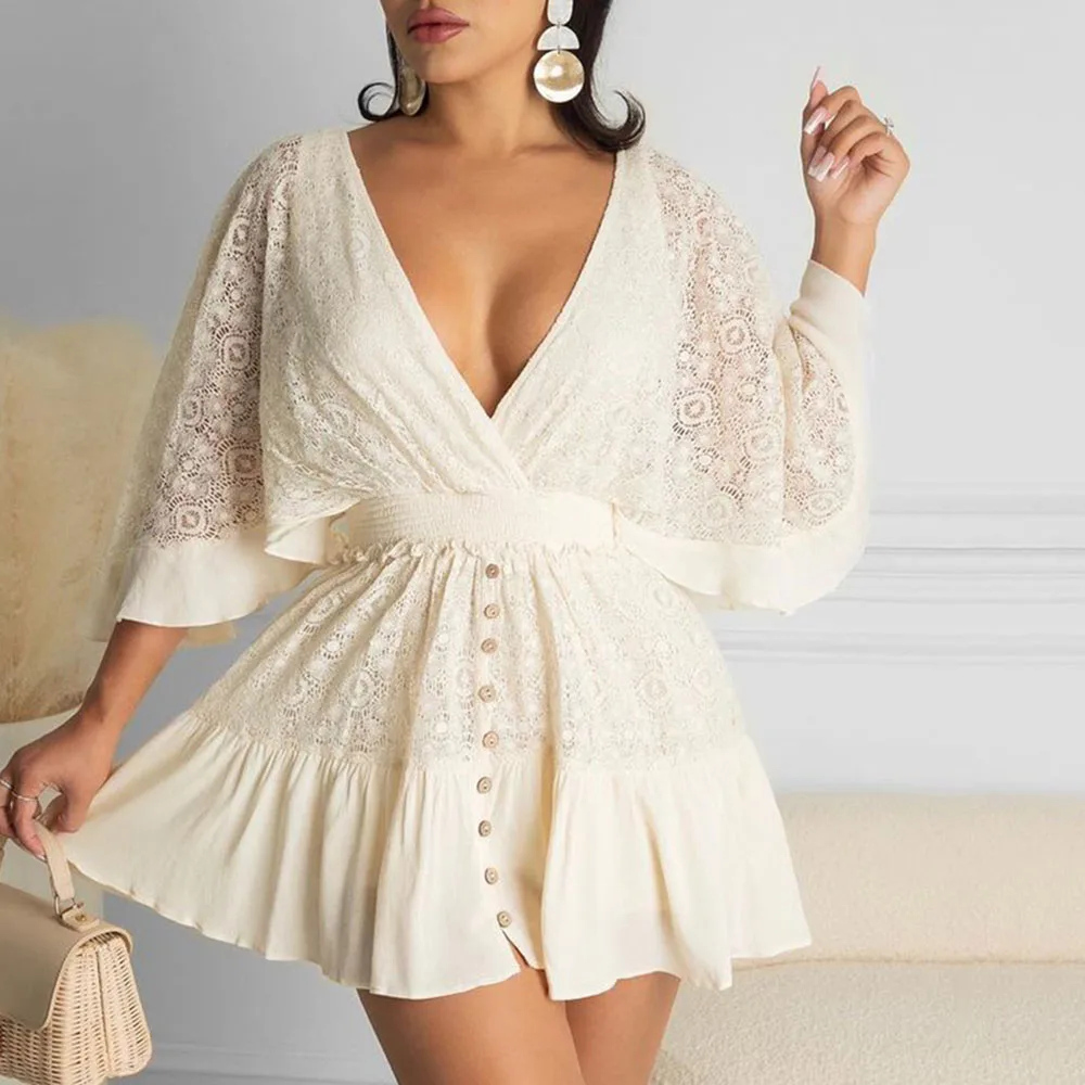 

Женское кружевное платье с открытой спиной, бежевое Повседневное платье с V-образным вырезом, высокой талией и расклешенными рукавами, осен...