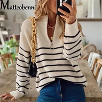 autumn winter women casual long sleeve striped patchwork jumpers ladies knitted sweaters fashion zipper v neck tops pullover