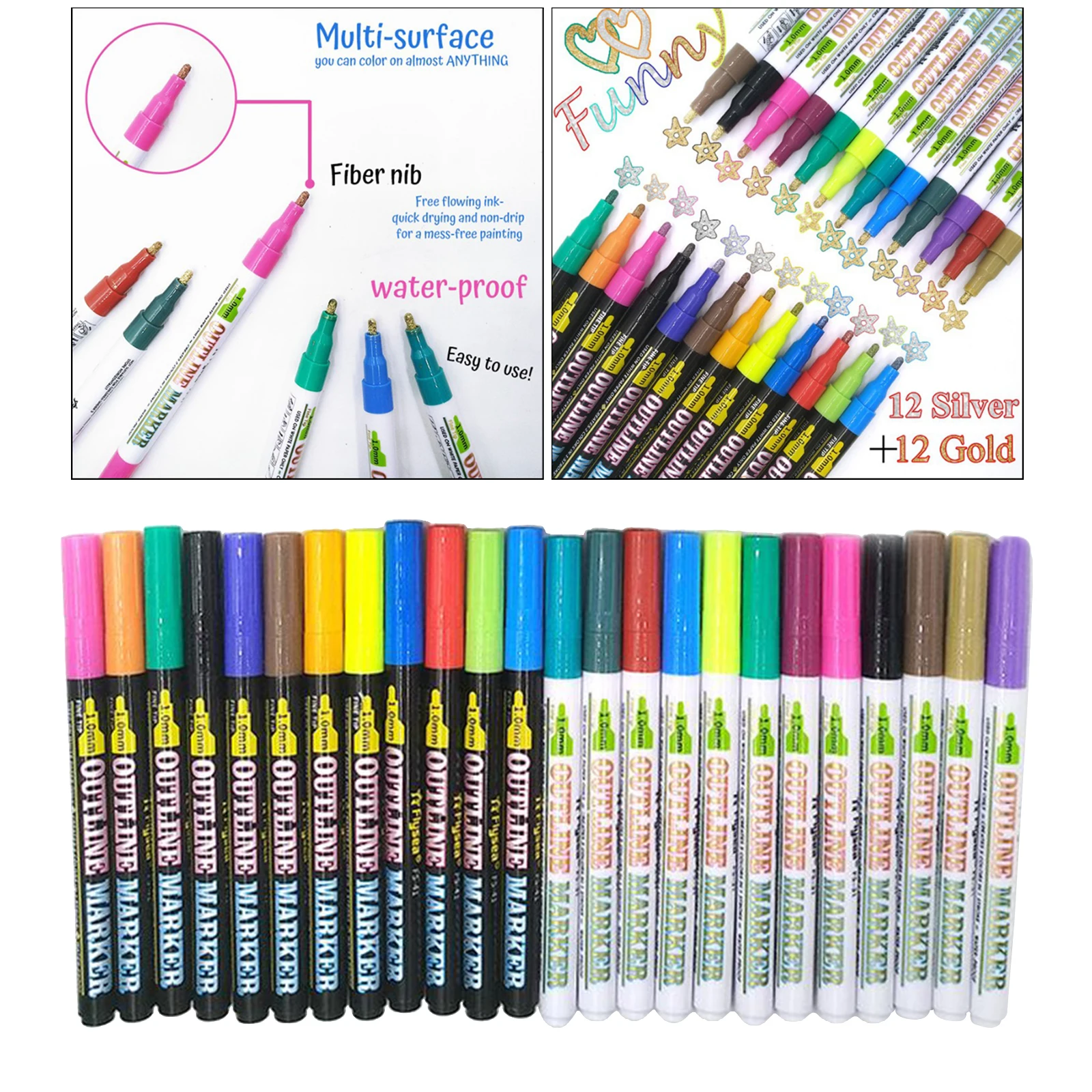 24 Colors Double Line Outline Pen Set Highlighter Marker Doodle Dazzles Pens |