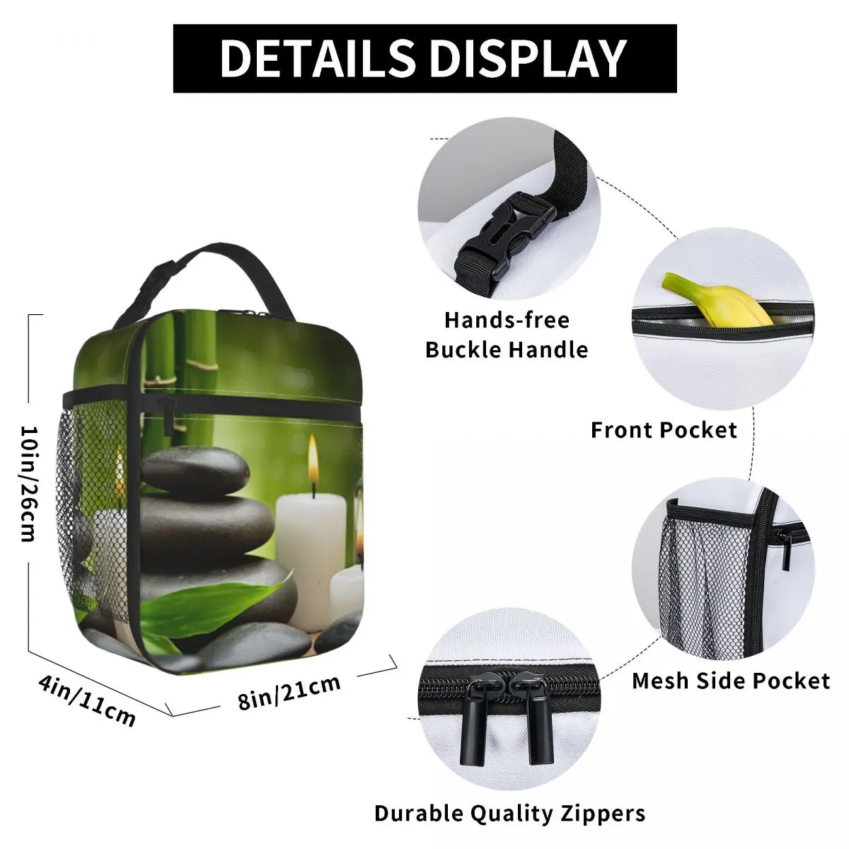 

Hot Massage Rocks Bamboo Lunch Bag for Women Men Large Insulated Lunch Box with Water Bottle Holder and Pockets