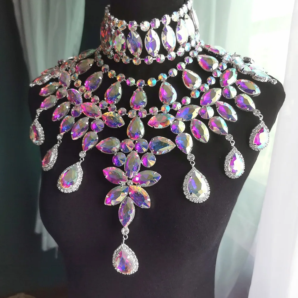 CuiEr-Conjunto de 2 unids/set de COLLAR COLGANTE grande para mujer, Gargantilla, Drag Queen, joyas de cristal enormes-1