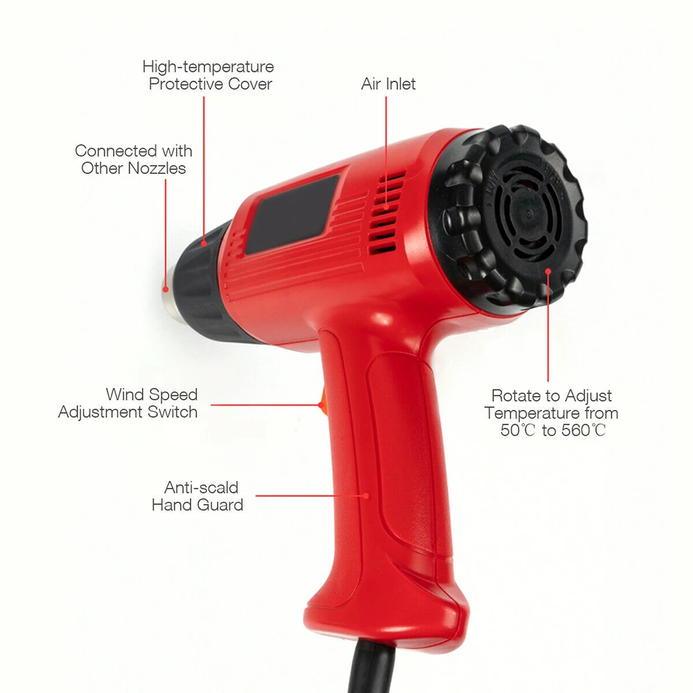 

2000W Hot Air Heat Tool Dual Temperature Paint Stripper DIY Tool Nozzle Set LCD Display Industrial Electric Wrapping Thermal Kit