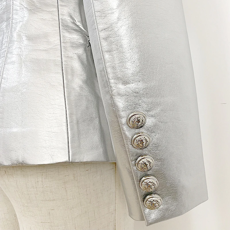 

Women Silver Soft Faux Leather Jacket Coat Casual Turn Down Collar Double Breasted Pu Motorcycle Leather Jacket Femme Outerwear