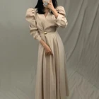 Женское однотонное платье на пуговицах, элегантное праздничное винтажное платье-трапеция абрикосового цвета с высокой талией и длинным рукавом-фонариком, осень 2022