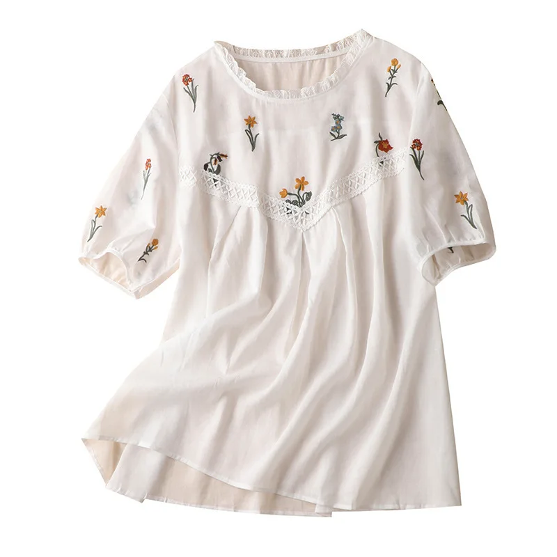 

SHUCHAN Sweet Embroidery Floral Blouses for Women 60% Linen and 40% Cotton White Womens Tops and Blouses