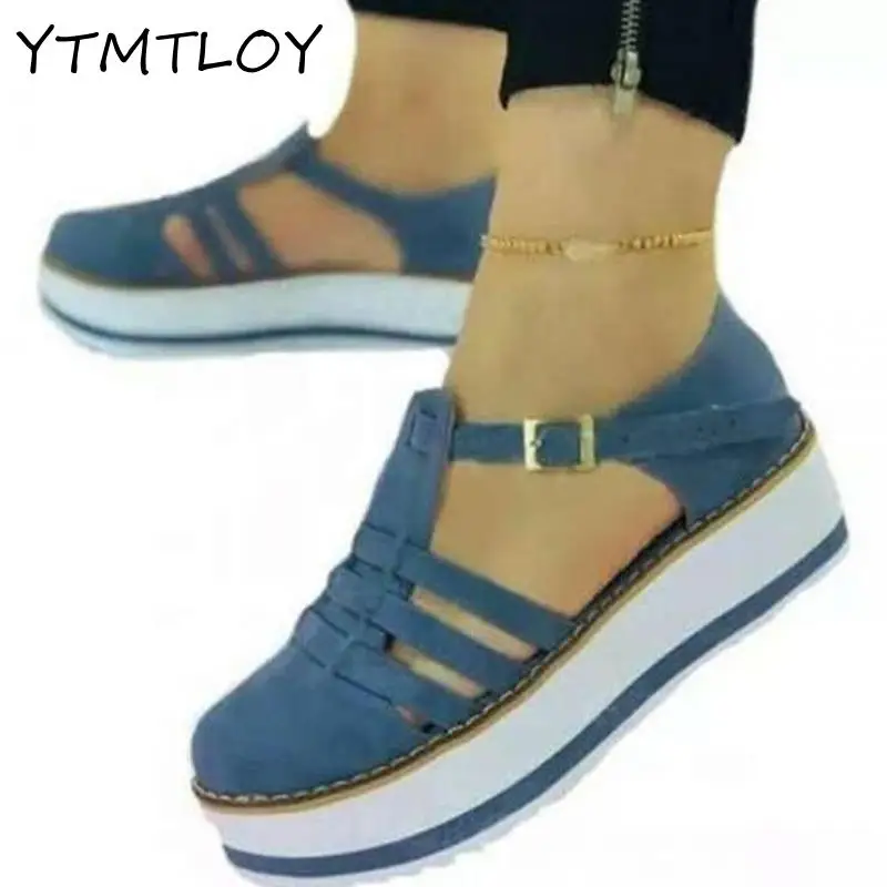 Thick-soled 2021 New Women's Shoes Solid Wedge Sandals Buckle Casual | Обувь