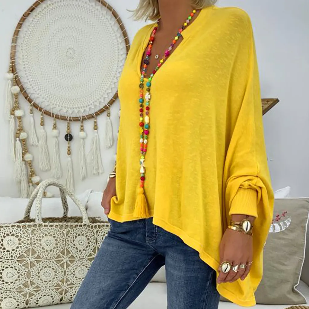 feitong Blouse Female Clothing Women's Loose Plus Size Solid Long Sleeve V-neck Pullover Blouse Tops Shirt Plus Size 5XL