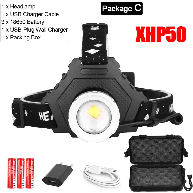 Package C Головной светильник мощный XHP70.2 светодиодный налобный фонарь USB Перезаряжаемые головной светильник XHP50 Водонепроницаемый головного фонаря ламповый патрон спереди светильник 18650 - Испускаемый цвет: Package C