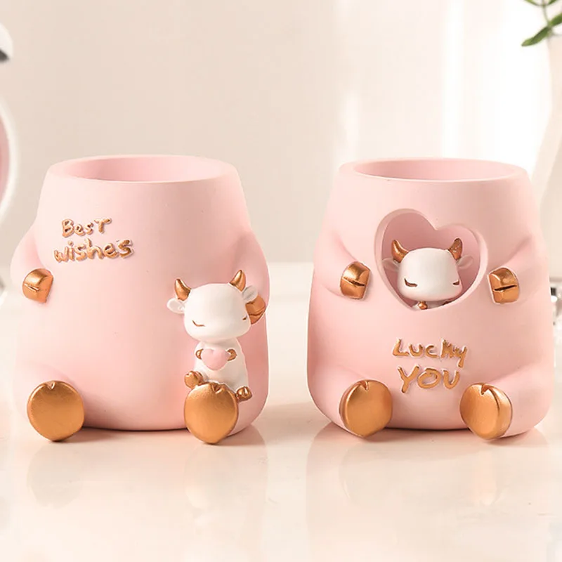 

Cartoon Pen Holder Makeup Brush Storage Box Resin Stationery Organizer Hollow Desktop Tidy Office Study Supplies Decoration