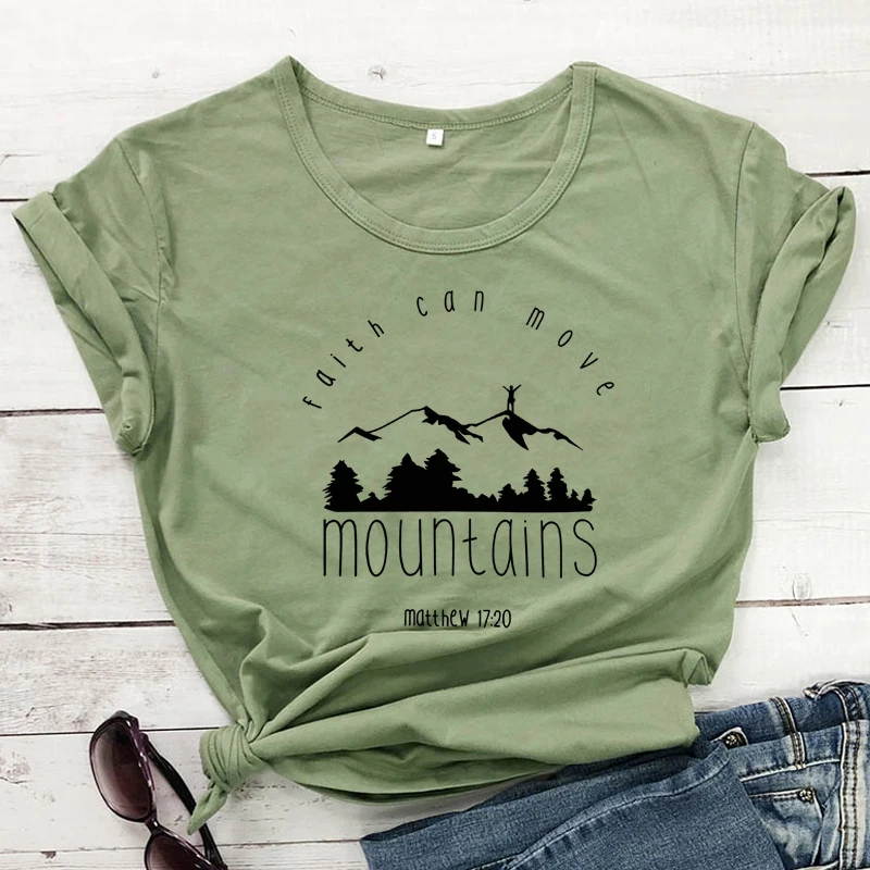Faith Can Move Mountains Matthew 17:20 Christian Tshirt Cotton T Shirt Women Jesus Bible Graphic T-shirt 90s Big Size Top | Женская