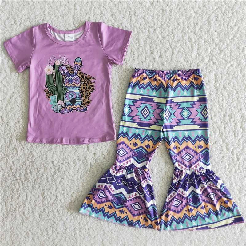 

Wholesale Easter Toddler Clothes Cactus Rabbit Kids Spring Children Bunny Purple Leopard Outfit Baby Girl Clothing Bells Pants