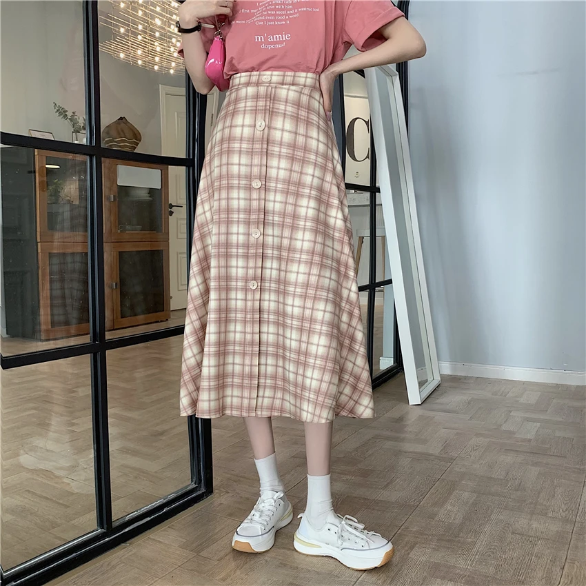 

2021 New Women's Skirts Retro plaid High Waist Vintage Single Breasted Chic Female Mi-long Skirts Spring Summer y2k