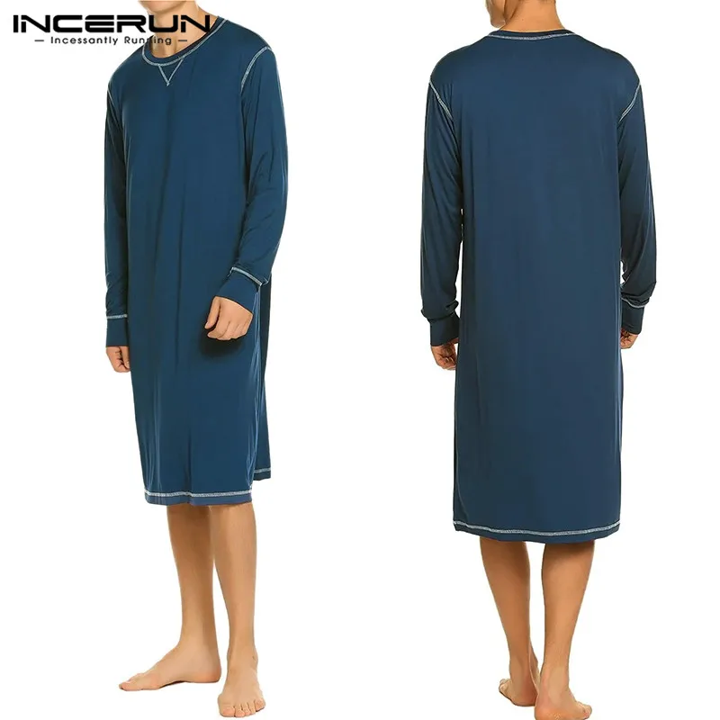 

INCERUN Homewear Men Robes Sleepwear Long Sleeve Soft Solid O Neck Leisure Nightgown Cozy Mens Dressing Gown Bathrobes Plus Size