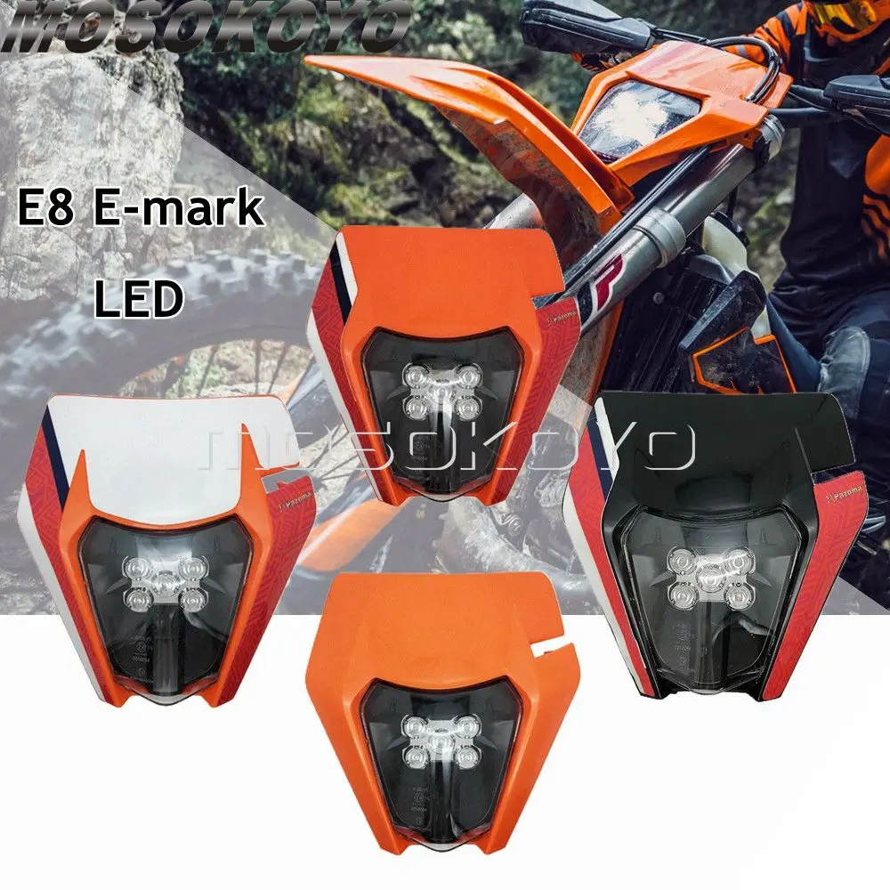 

12V LED Motocross Dual Sport E8 Emark Headlight for SX-F SX EXC XC-W XC-F WR DRZ KLX KX YZ F Dirt Bike Fairing Mask Lamp