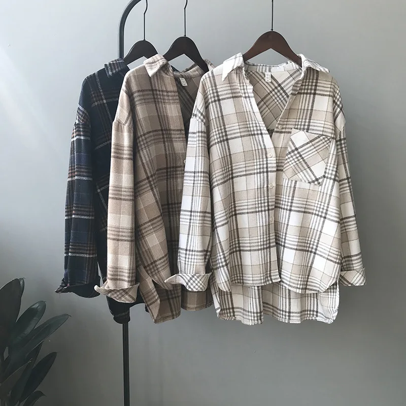 

Spring New Thick Brushed Plaid Shirt Women Korean Style Lazy Loose Warm Top