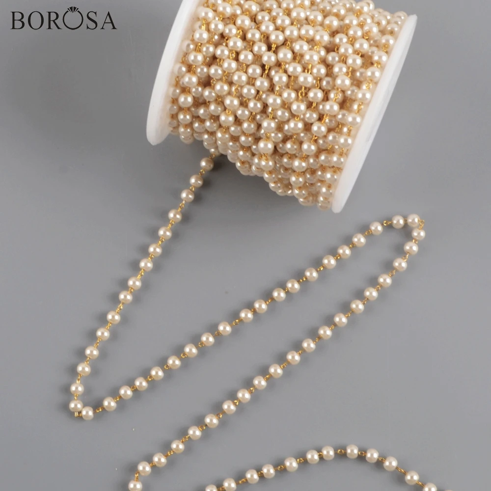 BOROSA 4mm Pearl Necklace Bead Chains in Gold Chain for Jewelry Making Chain Necklace Women Stone Beads Chains Accessories JT267