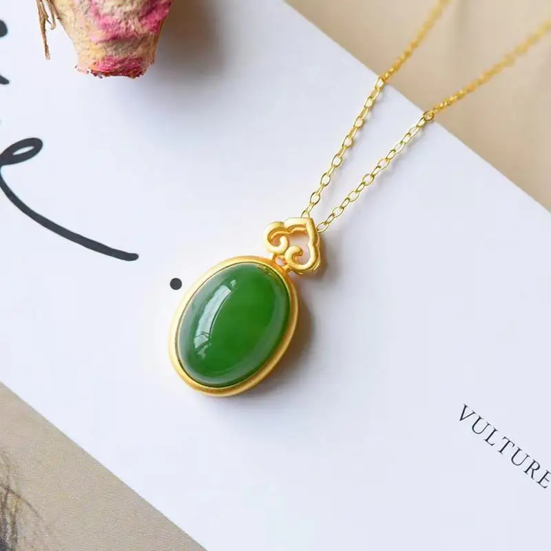 

S925 Sterling Silver Thick Gold Inlaid Natural Hetian Jade Egg Noodle Pendant Russian Old Materials Spinach Green Gilding Craft