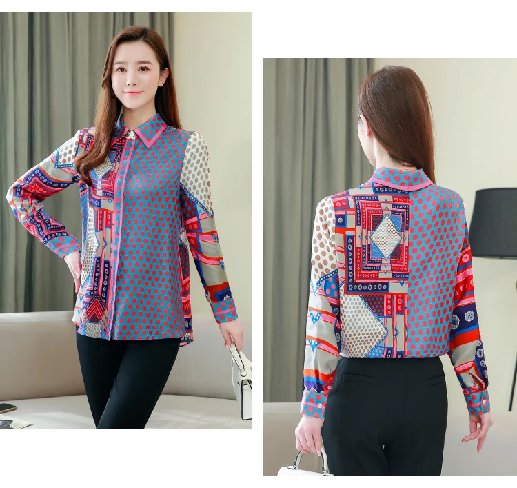 

Houthion Casual Shirt New Silk Women's blouses Long Sleeve Blouse Lapel Splicing Printing Summer Tops Thin Fashion 2021