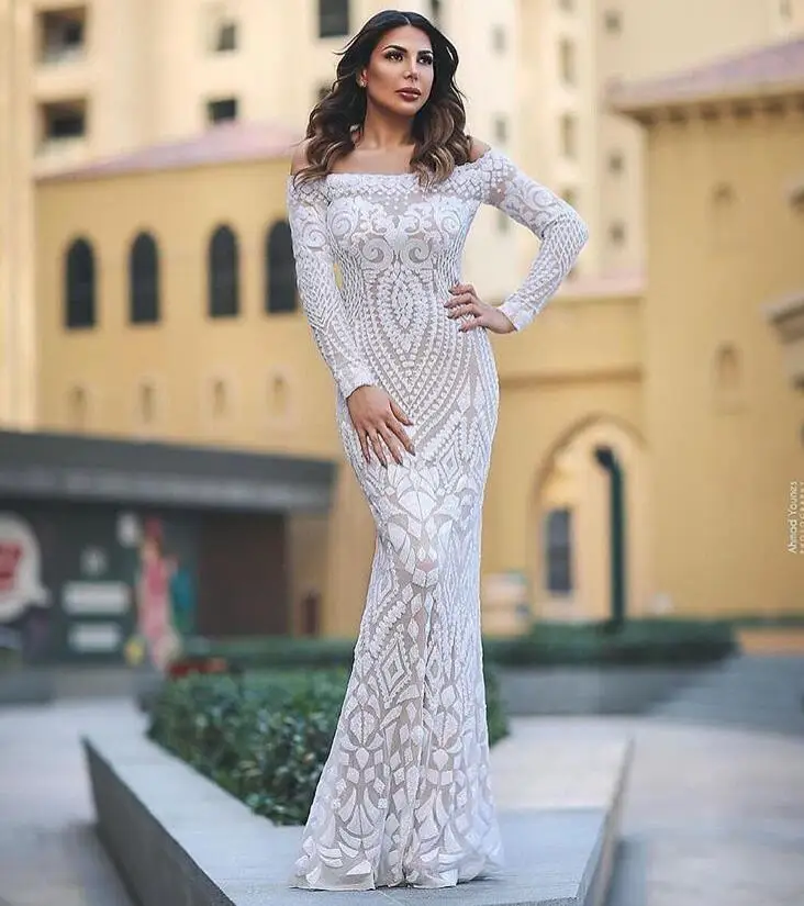 

New Fashion Autumn Legg Sexy Off The Shoulder White Lace Bodycon Bandage Dress For Women Long Designer Party Dress
