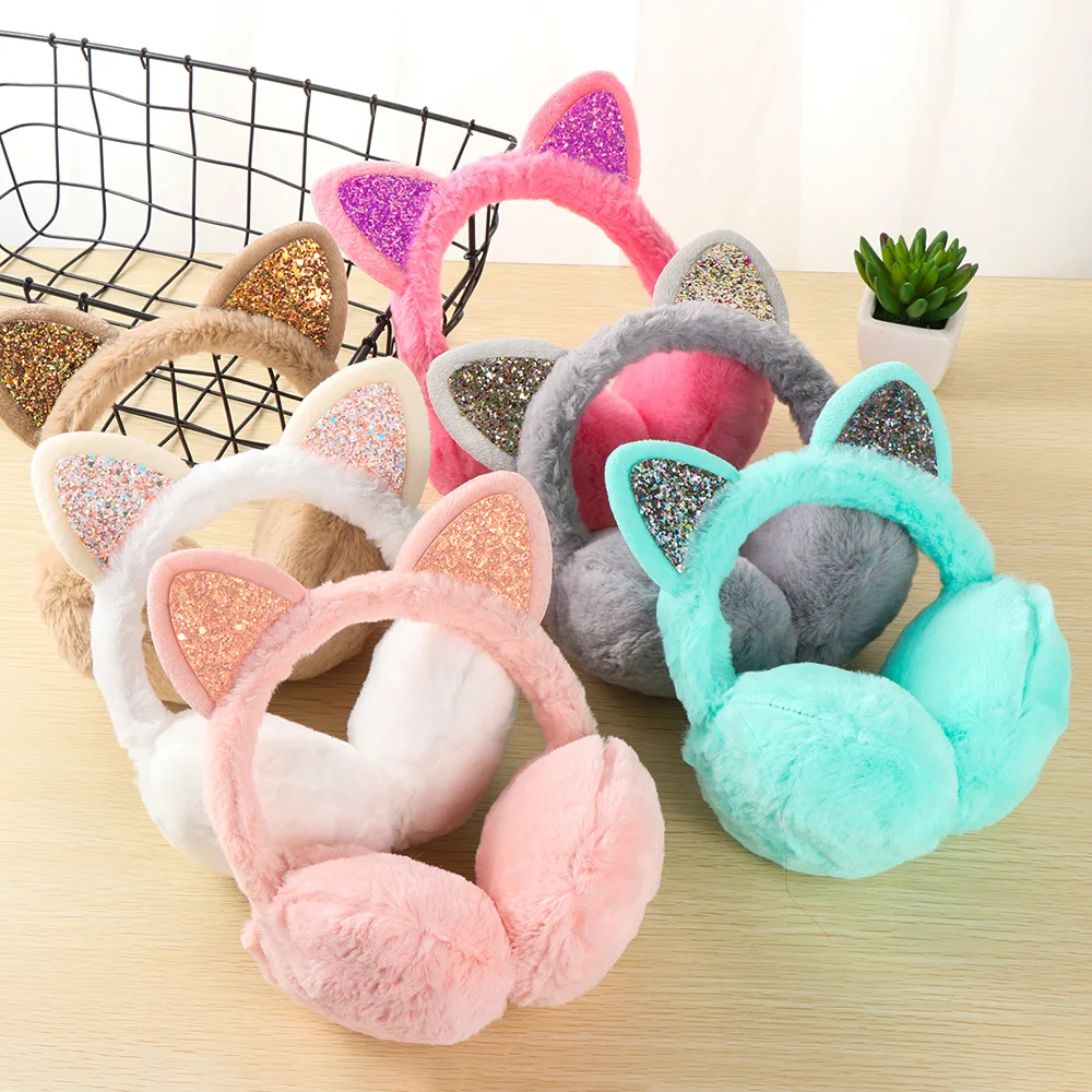 

Women Kids Girl Lovely Cat Earmuffs Shiny Warmers Kitty Fur Earmuff Fluffy Soft Earlap Ear Cover Glitter Sequins Arrival 7Colors