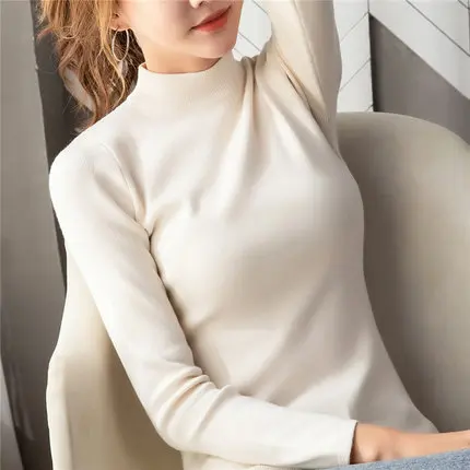 Beige C Ohclothing2019европейский зимний женский свитер с полувысоким воротником, тонкая белая рубашка, свитер с рукавами, тонкий женский свитер с коротким рукавом - Цвет: Beige C