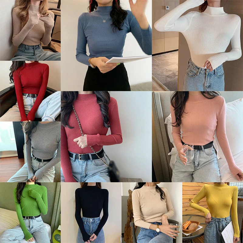

Women's Solid Long Sleeve Bottoming Sweaters Autumn Winter Half High Collar Knitted Sweater Pullover