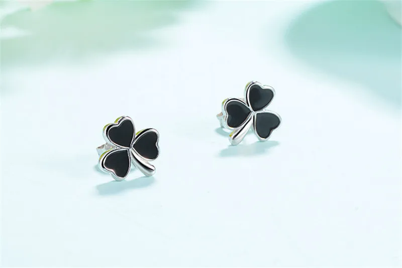 Женские серьги гвоздики из серебра 925 пробы с черным клевером|Серьги-гвоздики| |