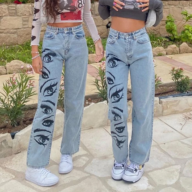 

Женские джинсы с широкими штанинами и принтом в виде глаз, с высокой талией