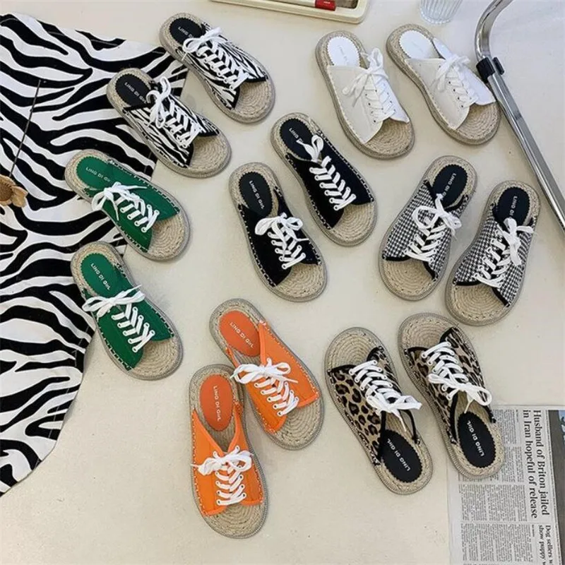 

2021 Summer New Women Slides Woman Leopard Weave Sole Lace Up Platform Women Shoes Fashion Canvas Non-slip Flats Women Slippers