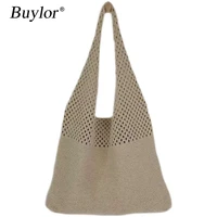 buylor retro hollow women shoulder bag simple casual knitted female handbag large capacity summer beach bag vest bag