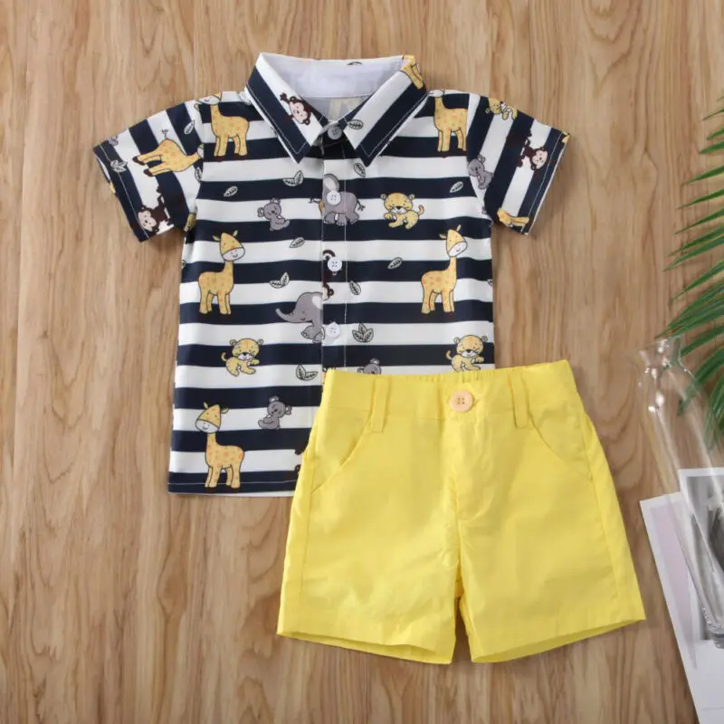 2PCS Kid Baby Boy Animal Print Tops Short Sleeve T shirt+Solid Pants Set Summer Gentleman Clothes |