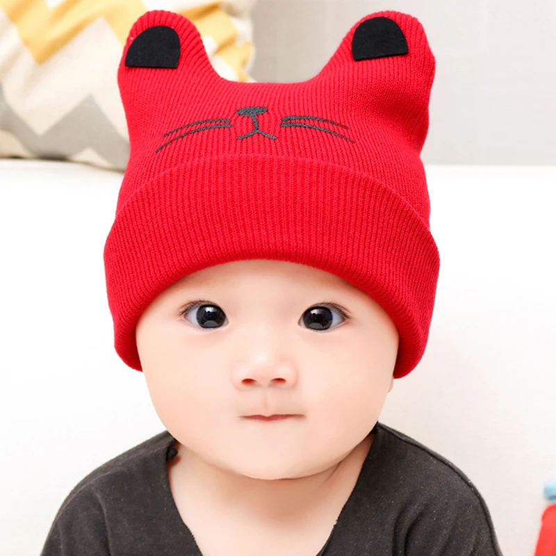 Cute Cat Knitted Woolen Baby Hats Turban Warm Bonnet Caps Solid Soft Hat For Childern Girls Boys Elastic Beanies Autumn Winter | Детская