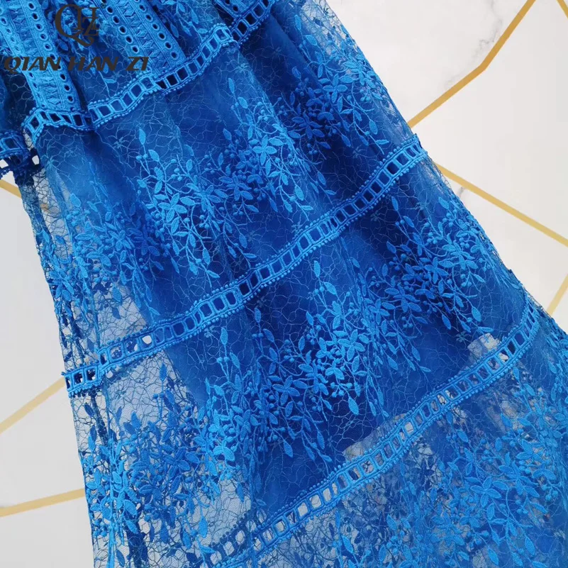 

Qian Han Zi Fashion Maxi Gown Women Lantern Sleeve Embroidered Lace Perspective Hollow Out High Quality Casual Long Party Dress