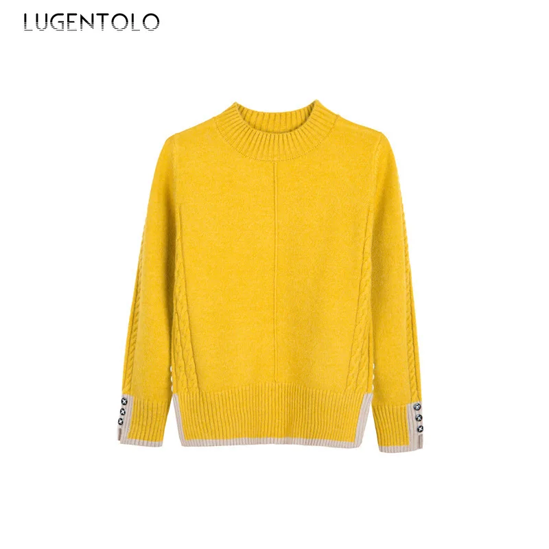 

Women Sweater Winter Loose Half Turtleneck Autumn Winter Casual Sweater Button Solid Lady Knitted Bottoming Sweaters Lugentolo
