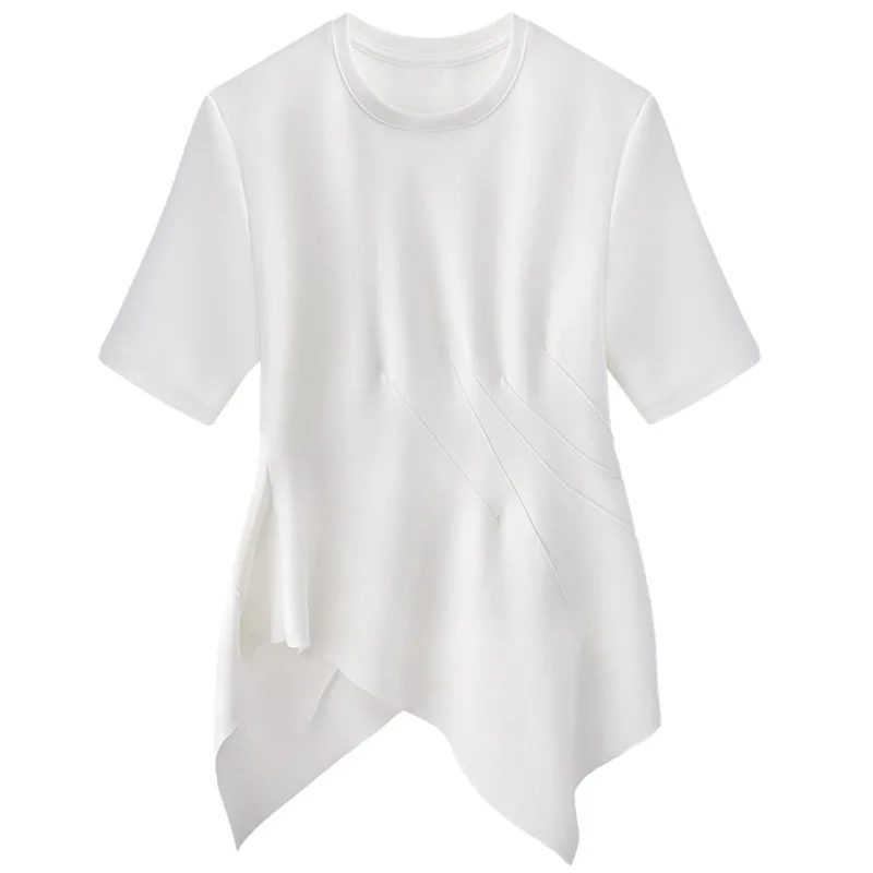 

DEAT 2021 New Summer Fashion Women Clothes Round Neck Short Sleeves Asymmetrical White T-shirt Female Top Tide WR18000L