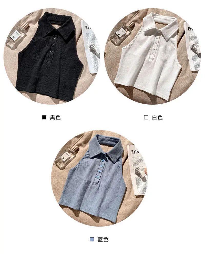 

Summer Korean retro sexy open back sleeveless Polo Lapel short solid color T-shirt looks thin and slim with top end of April 23