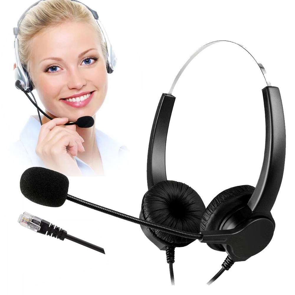 Wired Telephone Headset Corded Hands-Free Call Center Noise Cancelling Binaural Headset Headphone 4-Pin Rj9 Headset With Mic