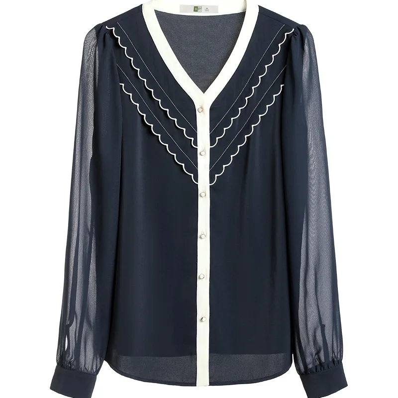 

Women's Chiffon Blouse Design Sense Niche 2021 Spring and Autumn New V-neck Young Long Sleeve Shirt Large Size Loose Shirt