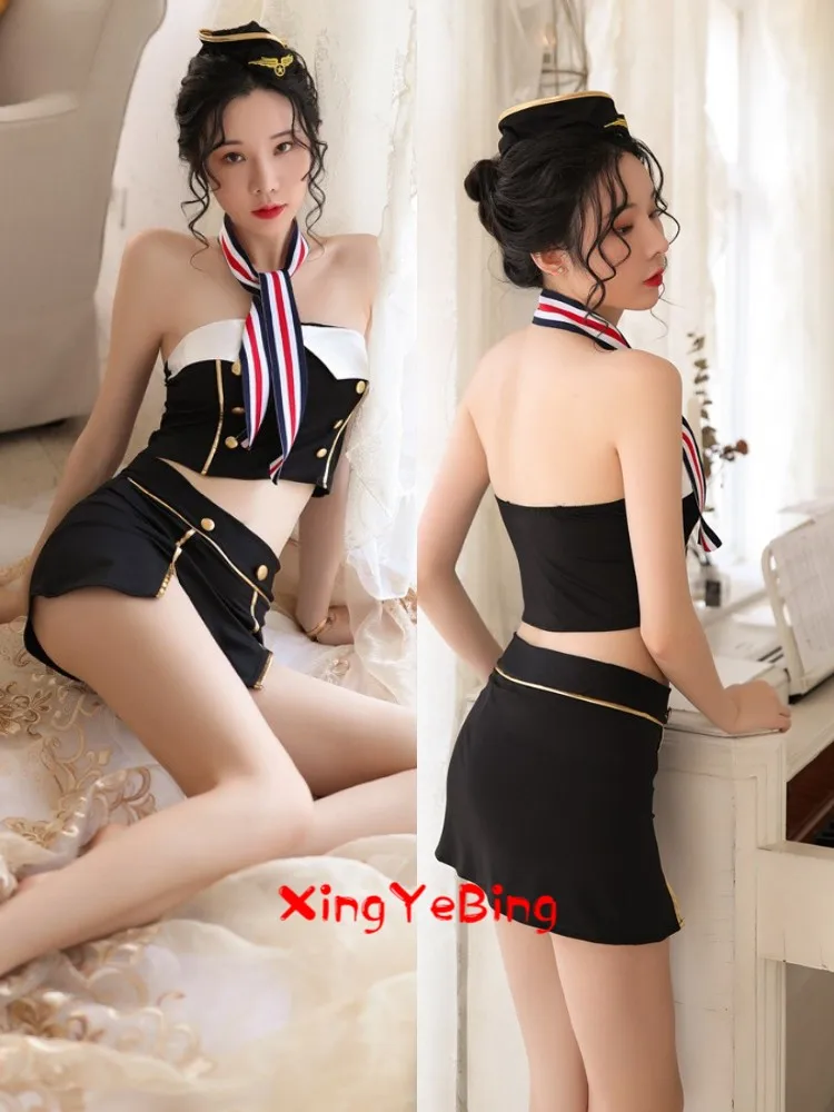 

Sultry Sexy Black Sexy Underwear Air Hostess Student Uniform Suit Passion Perspective Temptation Clothes