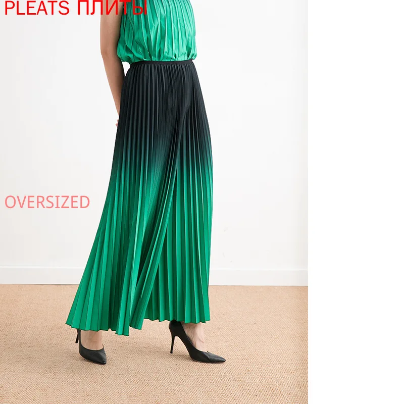 

Pleated Wide-leg Pants Women High Waist Drape Spring and Autumn 2021 Summer Miyake Pleated Pants Gradient Green Casual Trousers
