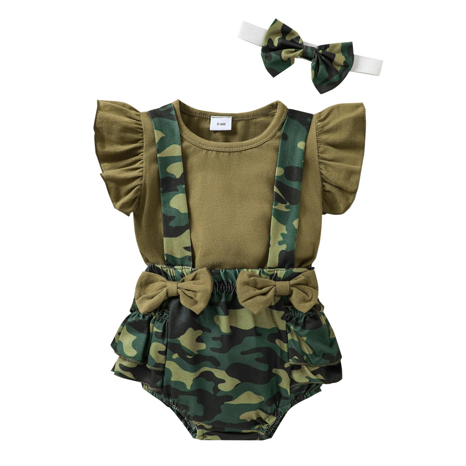 

0-24M Newborn Baby Girls Clothes Set Sleeveless O-neck Romper+Camouflage Suspender Shorts+Bow-knot Headband