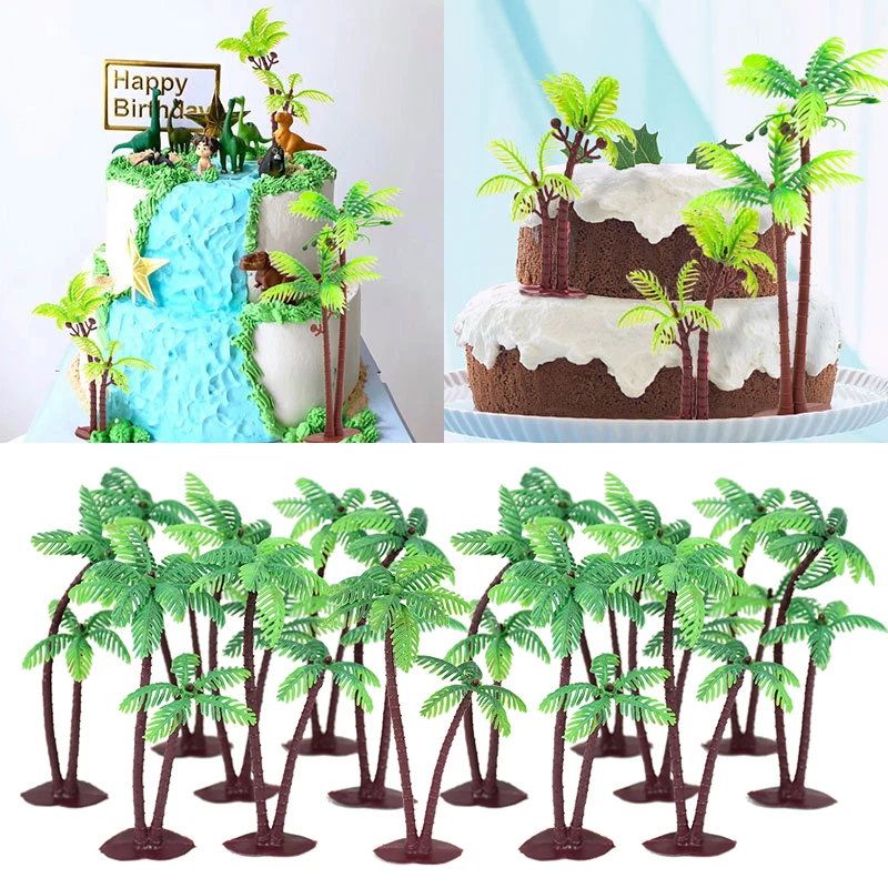 

5pcs Green Coconut Tree Cake Topper Plastic Plant Ornament For Tropical Summer Hawaiian Beach Birthday Party Cake Decor Tools