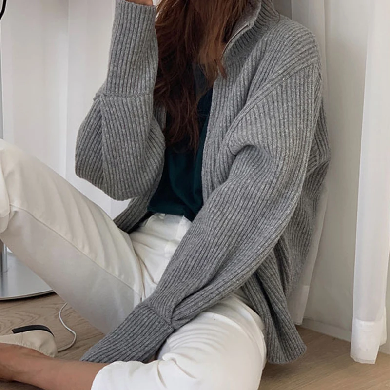 

Sister Fara New Spring Autumn Woman's Turtleneck Sweater Coat Vertical Bar Loose Zipper Vintage Knit Cardigan OL Office Lady Top
