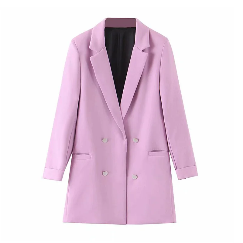 Women chic blue blazer decorate button open stitch pockets back split Violet blazers female work wear stylish coat