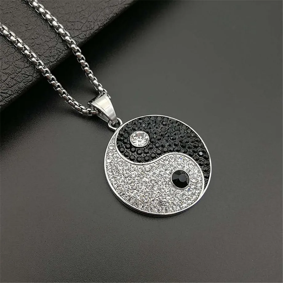 

Yin Yang Tai Chi Pendants Necklaces for Men Silver Color Round Stainless Steel Paved CZ Crystal Ice Out Hip Hop Rapper Jewelry