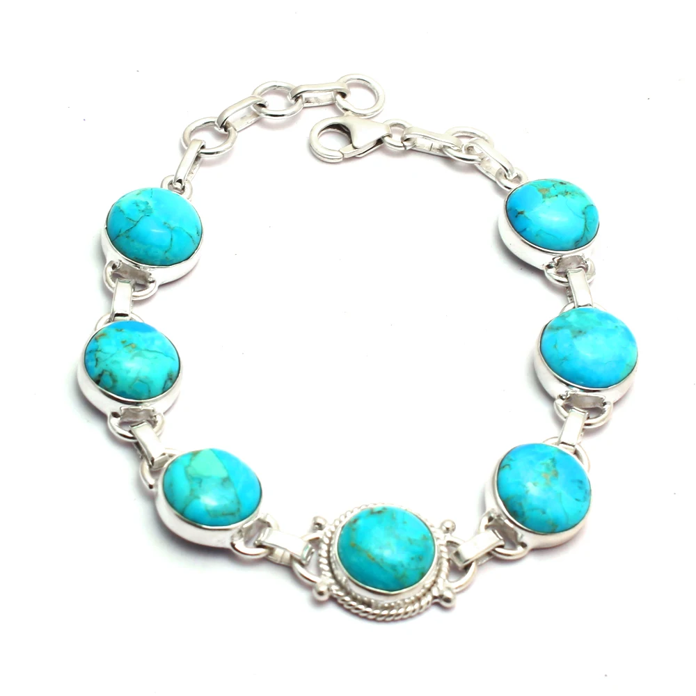 

Натуральная синий мохвая бирюза браслет 925 стерлингового серебра, для женщин, хорошее ювелирное изделие, ювелирное изделие, подарок, 20,5 см, MHBBR0173