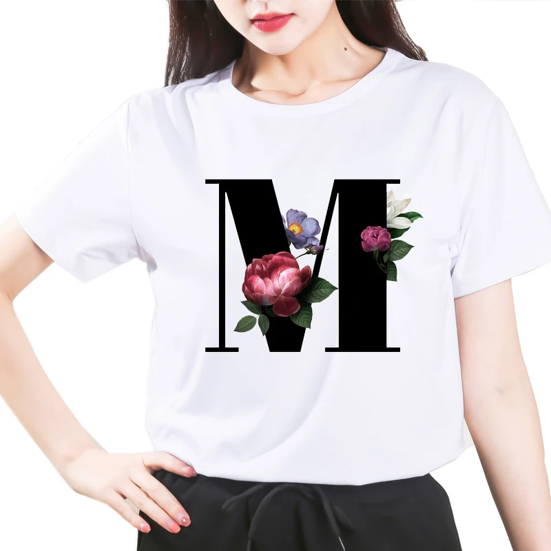 

Custom name 26 letter combination women's High quality printing T-shirt Flower letter Font M Short sleeve Clothes